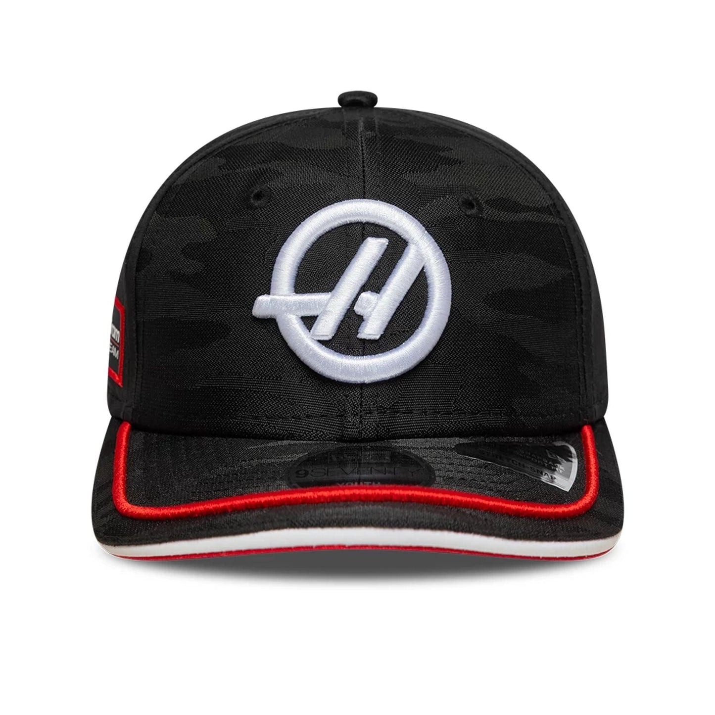 This is a MoneyGram Haas F1 Youth Camo Black 9SEVENTY Stretch Snap Adjustable Cap 3