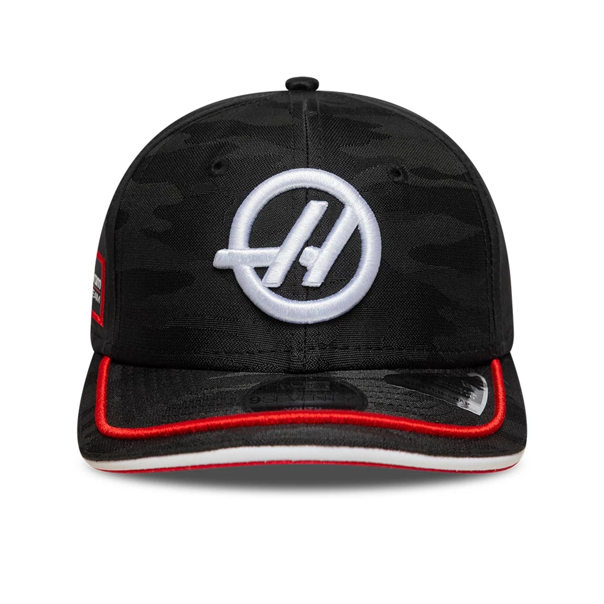 This is a MoneyGram Haas F1 Youth Camo Black 9SEVENTY Stretch Snap Adjustable Cap 3