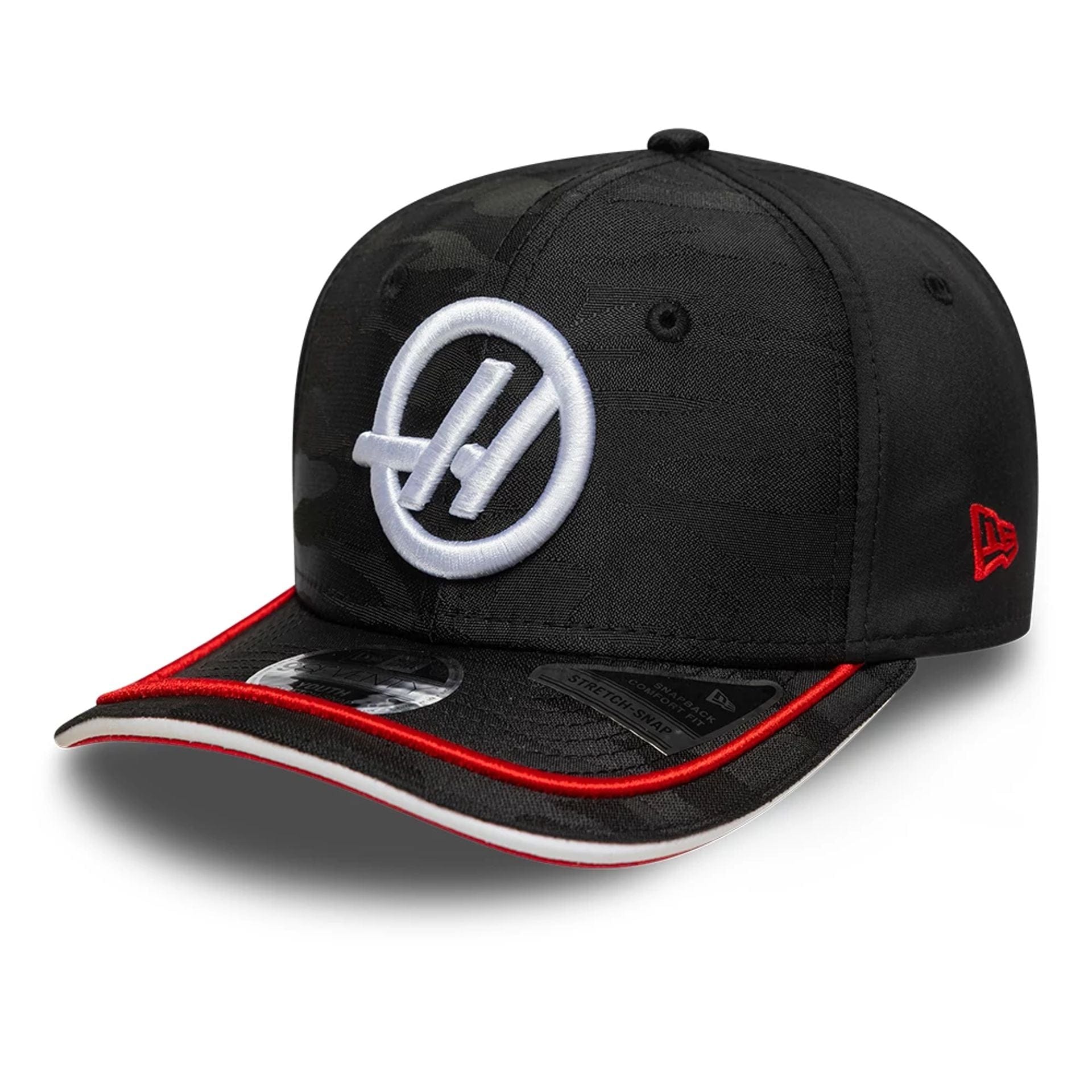 This is a MoneyGram Haas F1 Youth Camo Black 9SEVENTY Stretch Snap Adjustable Cap 1