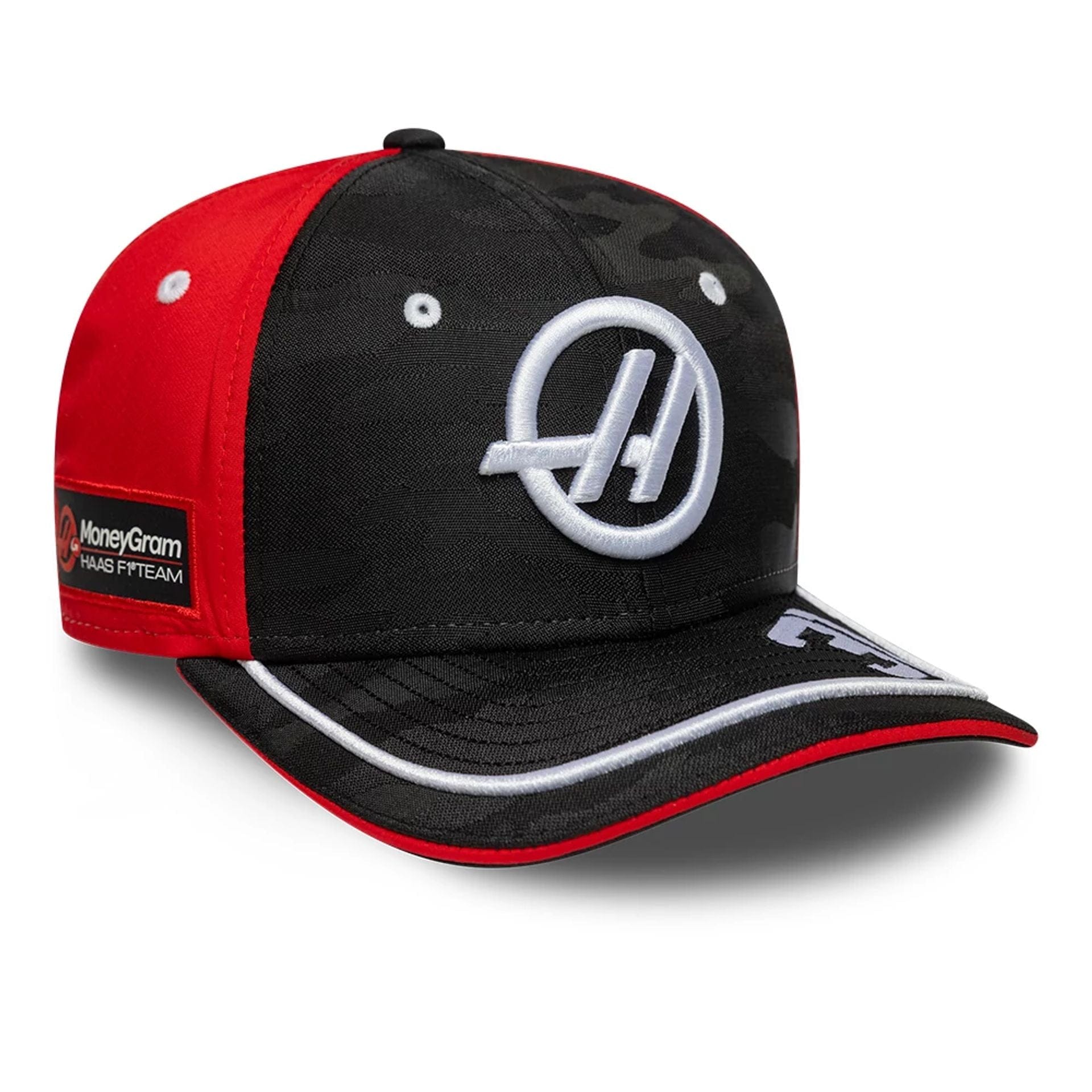 This is a MoneyGram Haas F1 Youth Replica Esteban Ocon Black 9SEVENTY Stretch Snap Adjustable Cap 3