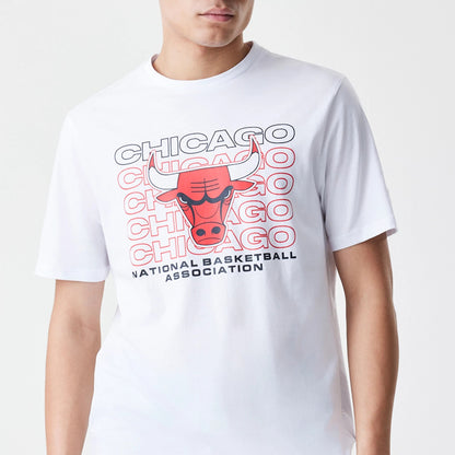 The Male model is wearing Chicago Bulls NBA Stack Wordmark White T-Shirt 3