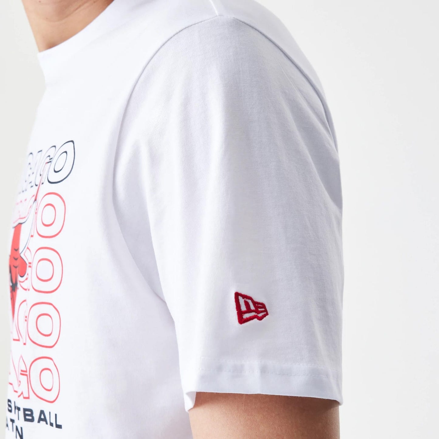 The Male model is wearing Chicago Bulls NBA Stack Wordmark White T-Shirt 5
