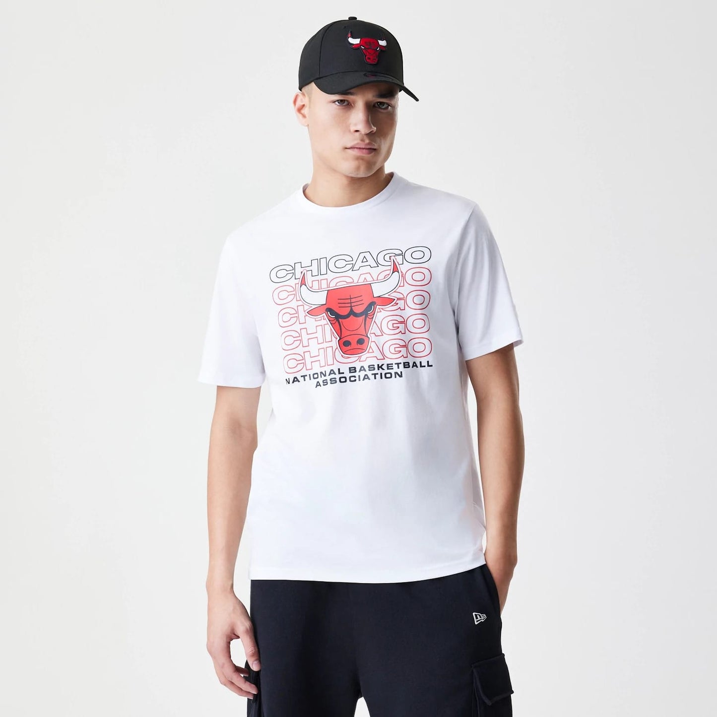 The Male model is wearing Chicago Bulls NBA Stack Wordmark White T-Shirt 1