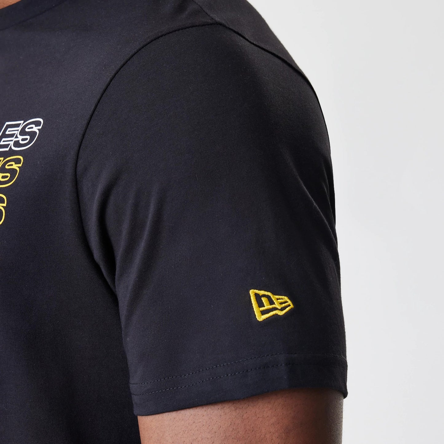 The Male model is wearing LA Lakers NBA Stack Wordmark Black T-Shirt 5