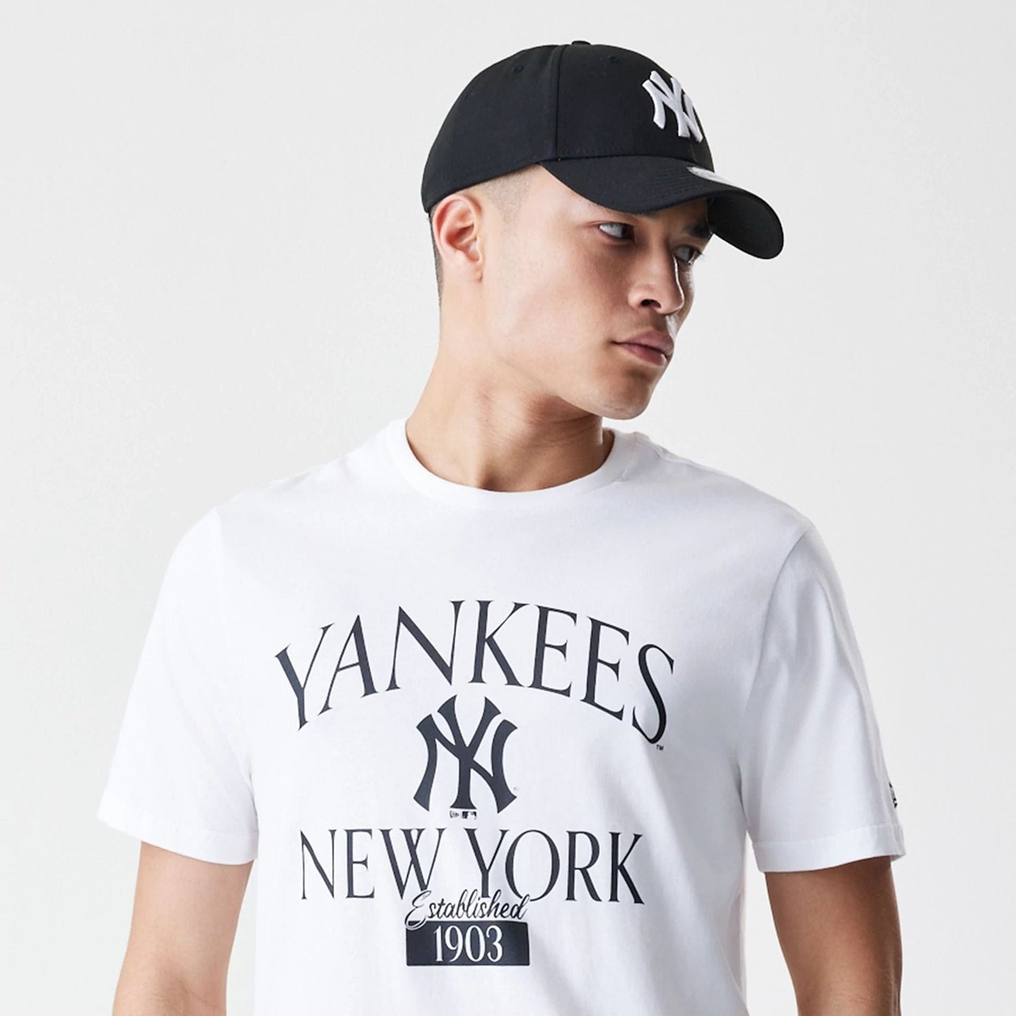 The Male model is wearing New York Yankees MLB Arch Wordmark White T-Shirt 6