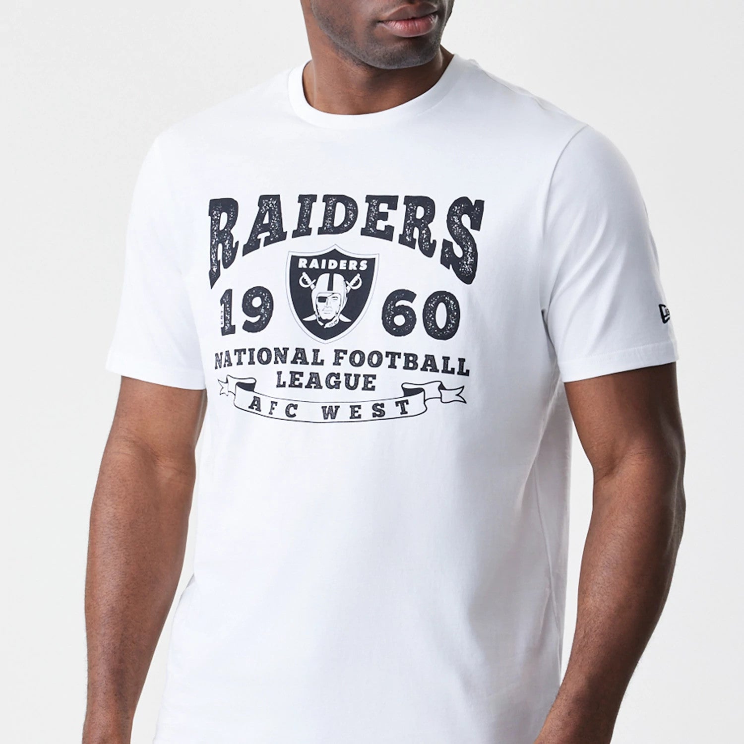 The Male model is wearing Las Vegas Raiders NFL Stack Arch Logo White T-Shirt 3