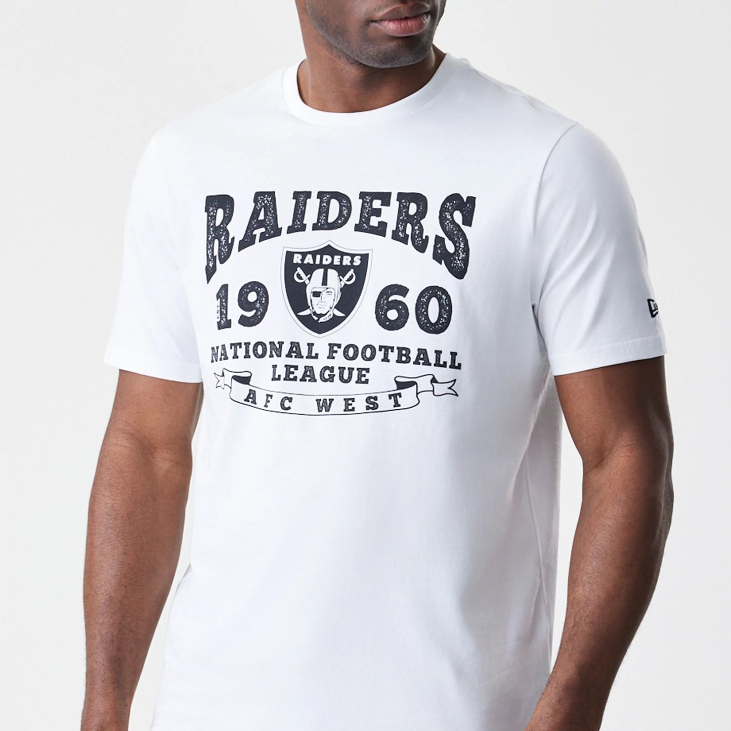 The Male model is wearing Las Vegas Raiders NFL Stack Arch Logo White T-Shirt 3