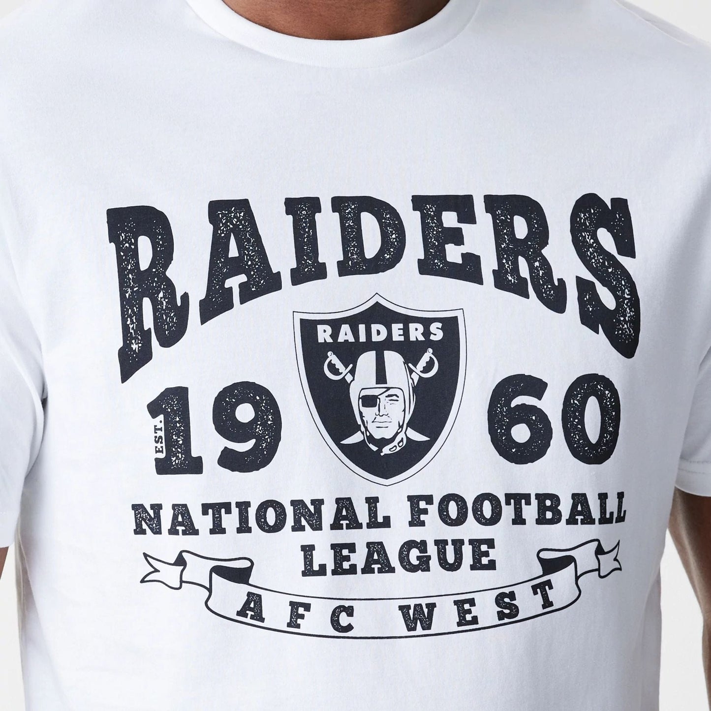The Male model is wearing Las Vegas Raiders NFL Stack Arch Logo White T-Shirt 4