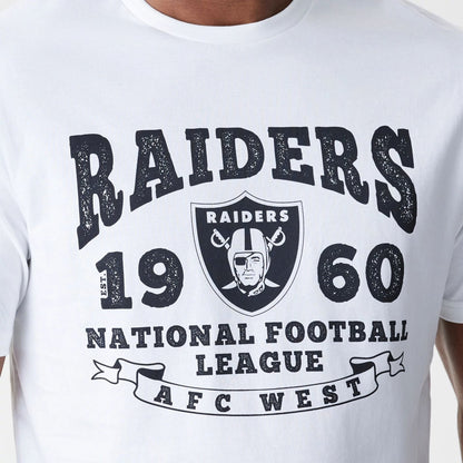 The Male model is wearing Las Vegas Raiders NFL Stack Arch Logo White T-Shirt 4