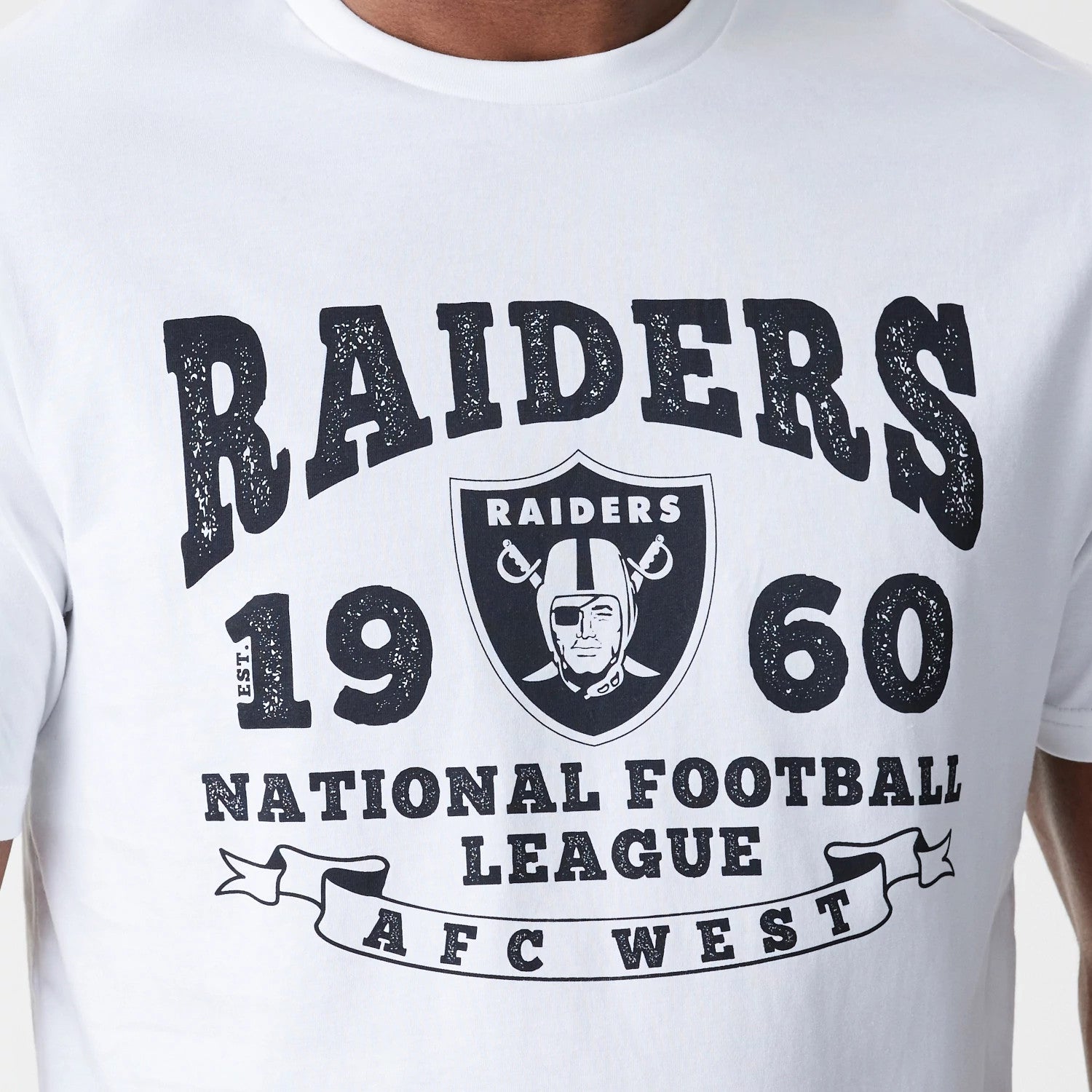 The Male model is wearing Las Vegas Raiders NFL Stack Arch Logo White T-Shirt 4