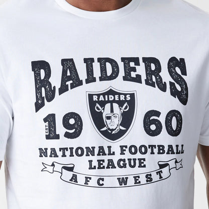The Male model is wearing Las Vegas Raiders NFL Stack Arch Logo White T-Shirt 4