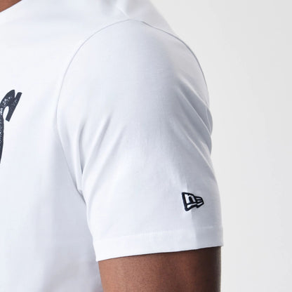 The Male model is wearing Las Vegas Raiders NFL Stack Arch Logo White T-Shirt 5