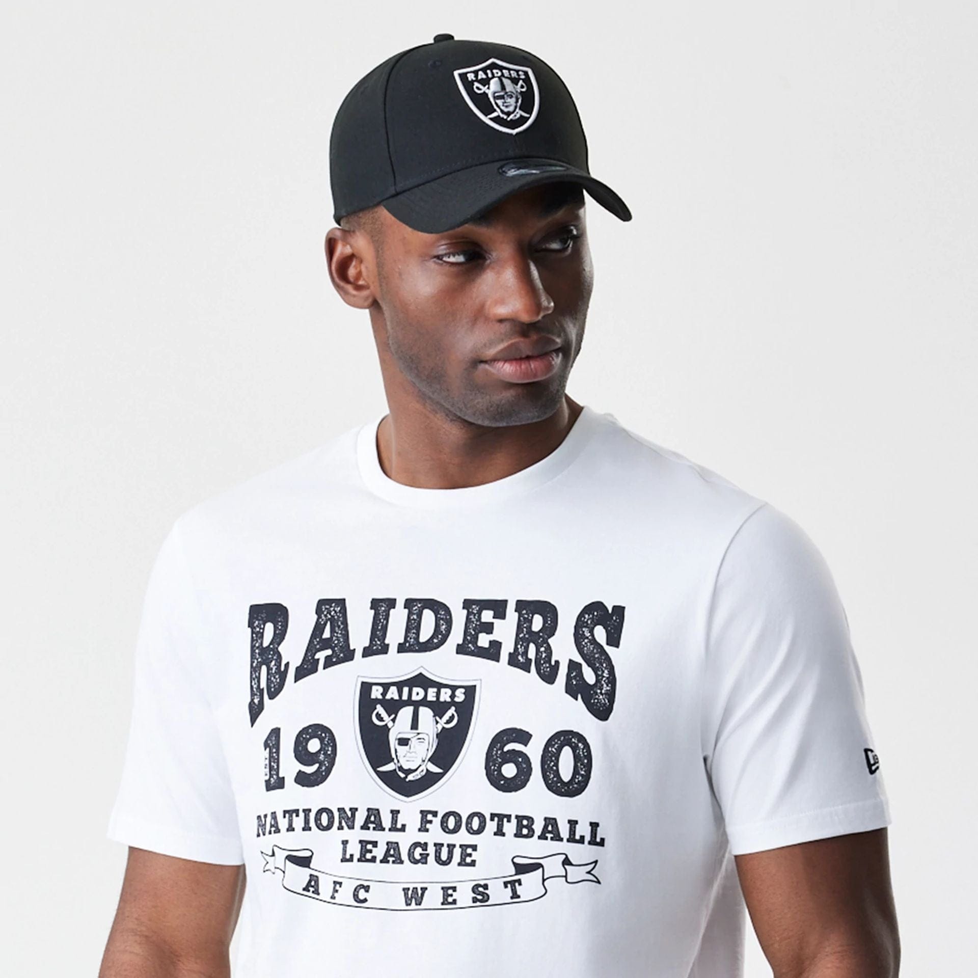 The Male model is wearing Las Vegas Raiders NFL Stack Arch Logo White T-Shirt 6