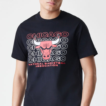 The Male model is wearing Chicago Bulls NBA Stack Wordmark Black T-Shirt 3