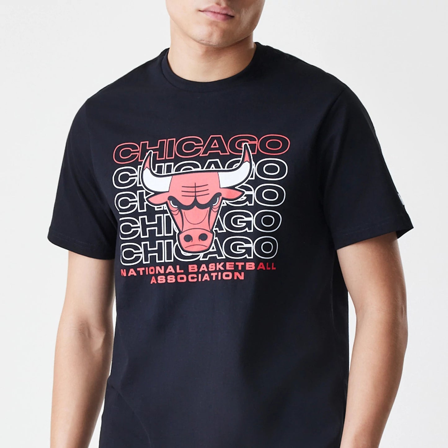 The Male model is wearing Chicago Bulls NBA Stack Wordmark Black T-Shirt 3