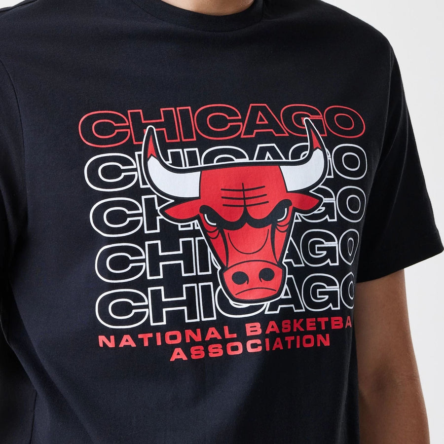 The Male model is wearing Chicago Bulls NBA Stack Wordmark Black T-Shirt 4