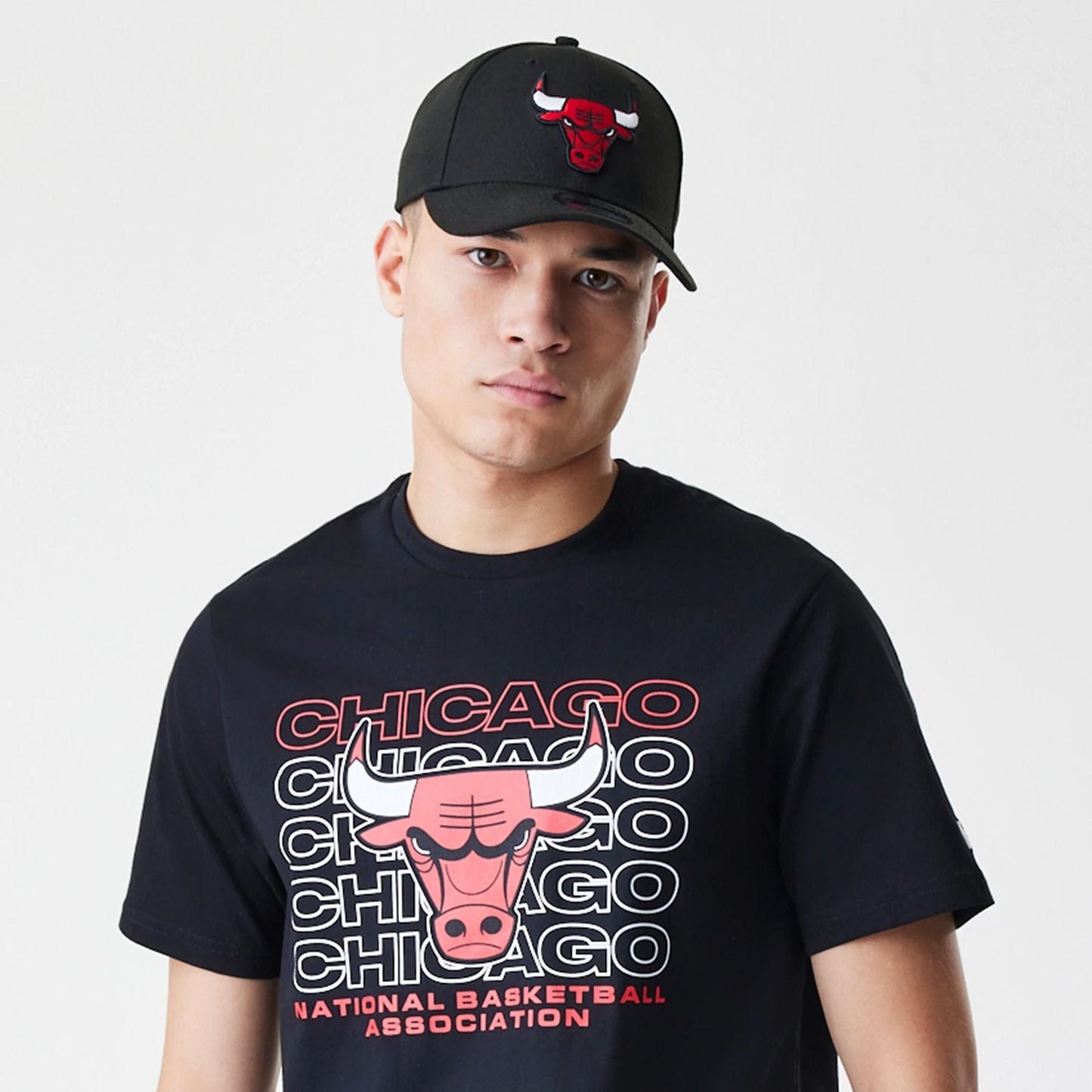 The Male model is wearing Chicago Bulls NBA Stack Wordmark Black T-Shirt 6