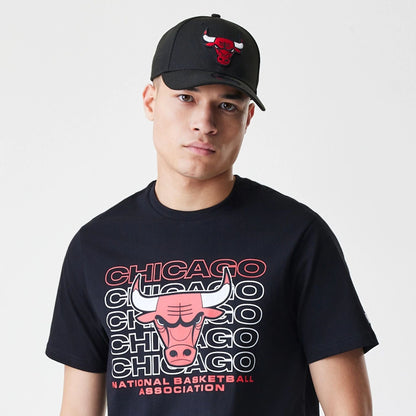 The Male model is wearing Chicago Bulls NBA Stack Wordmark Black T-Shirt 6