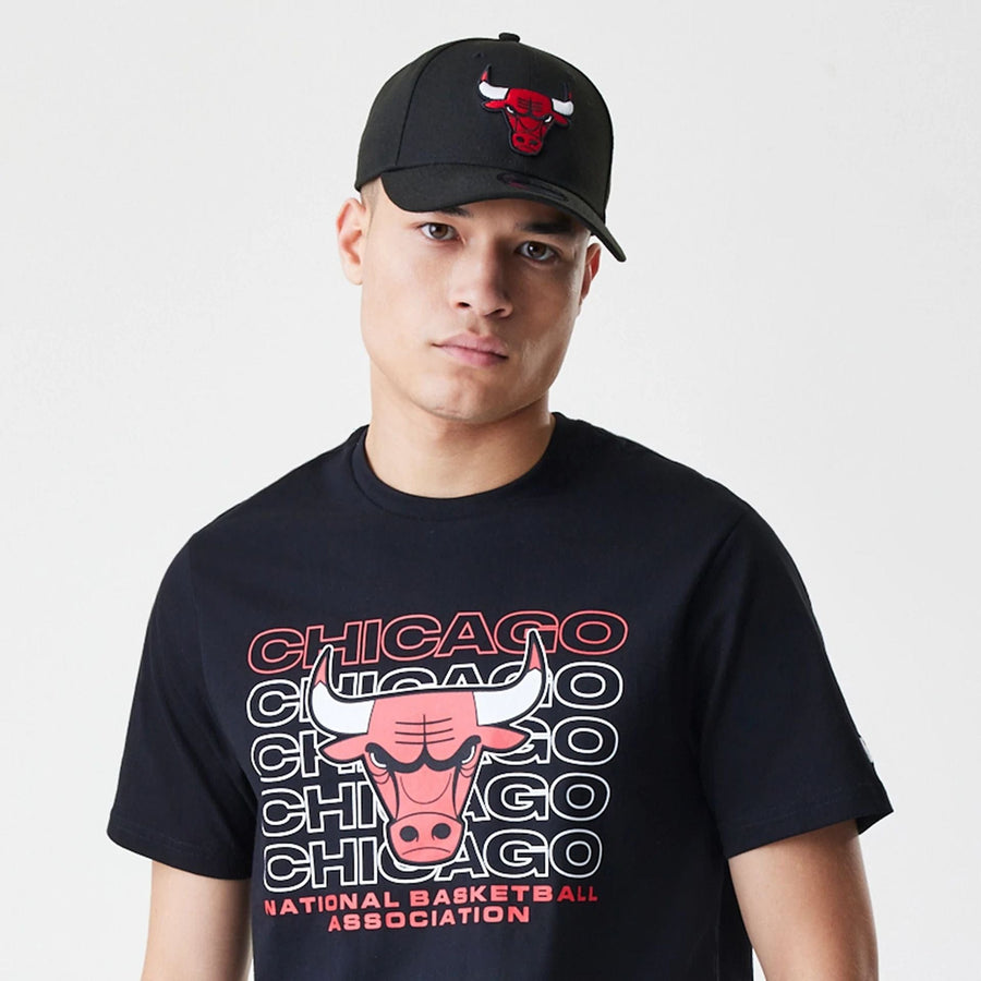 The Male model is wearing Chicago Bulls NBA Stack Wordmark Black T-Shirt 6
