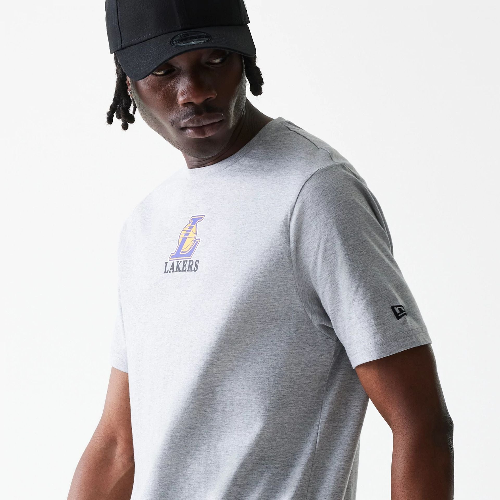 The Male model is wearing LA Lakers NBA Logo Grey T-Shirt 6