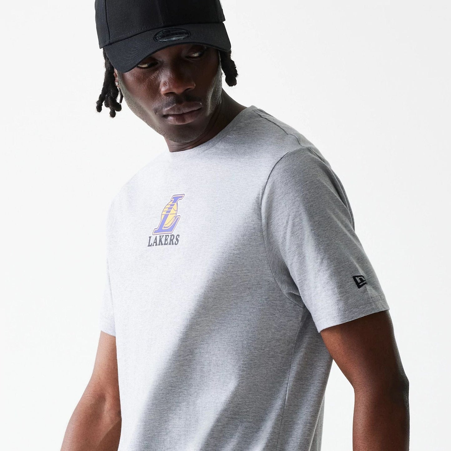 The Male model is wearing LA Lakers NBA Logo Grey T-Shirt 6