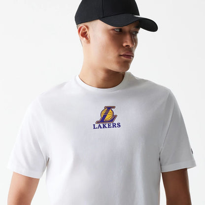 The Male model is wearing LA Lakers NBA Logo White T-Shirt 3