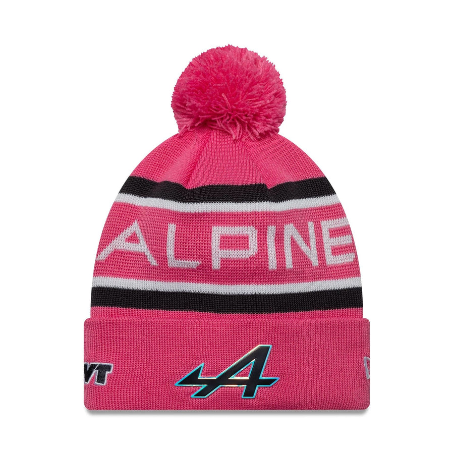 This is a Alpine Racing Youth Replica Pierre Gasly Pink Cuff Knit Beanie Hat 1