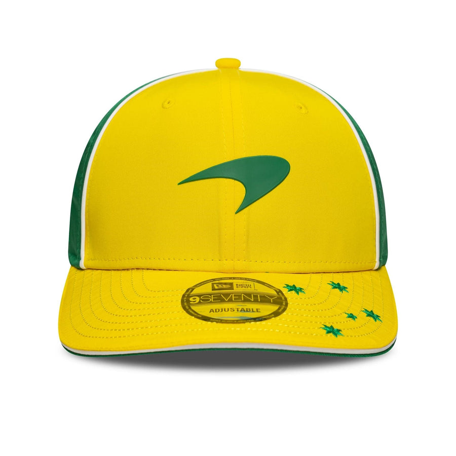This is a McLaren Racing Oscar Piastri Australia Race Special Green 9SEVENTY Stretch Snap Adjustable Cap 3