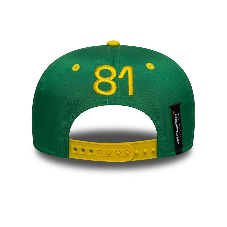 This is a McLaren Racing Oscar Piastri Australia Race Special Green 9SEVENTY Stretch Snap Adjustable Cap 7