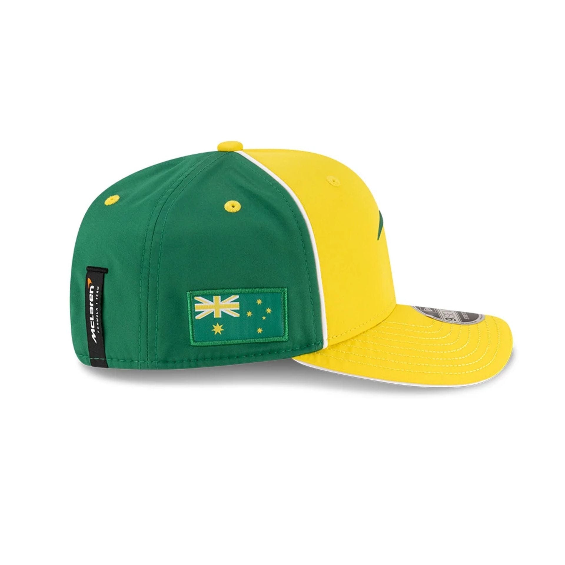 This is a McLaren Racing Oscar Piastri Australia Race Special Green 9SEVENTY Stretch Snap Adjustable Cap 5
