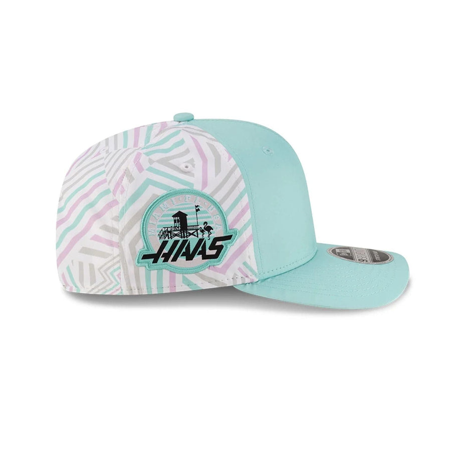 This is a MoneyGram Haas F1 Miami Race Special Turquoise 9SEVENTY Stretch Snap Adjustable Cap 4