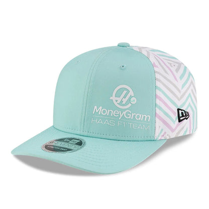This is a MoneyGram Haas F1 Miami Race Special Turquoise 9SEVENTY Stretch Snap Adjustable Cap 3