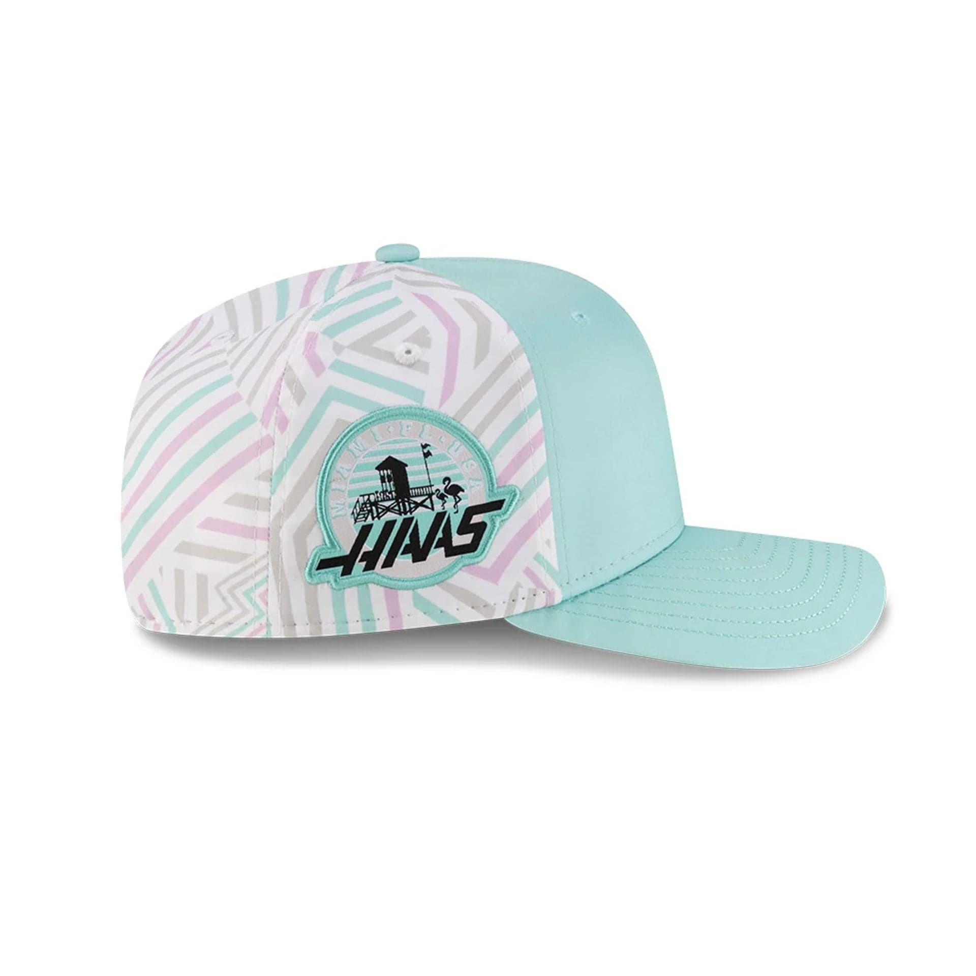This is a MoneyGram Haas F1 Esteban Ocon Miami Race Special Turquoise 9SEVENTY Stretch Snap Adjustable Cap 4