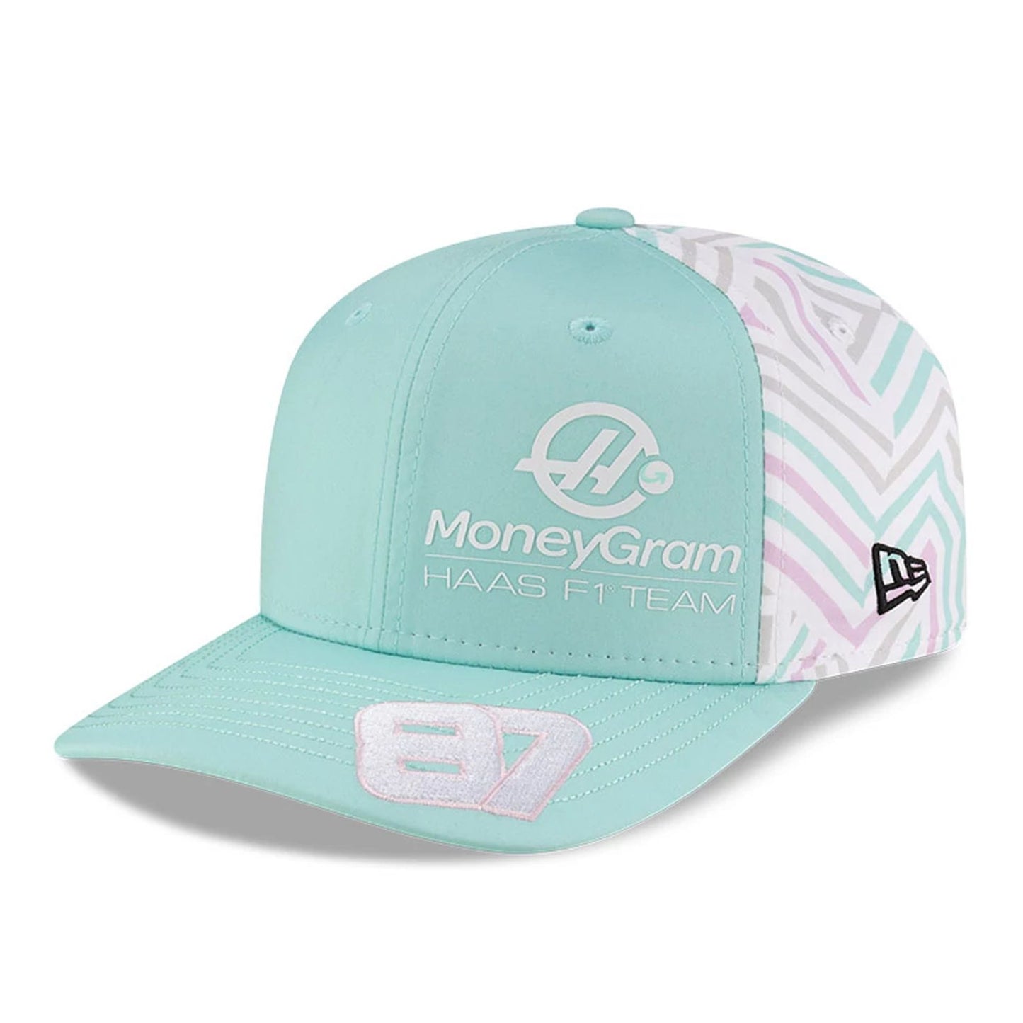 This is a MoneyGram Haas F1 Oliver Bearman Miami Race Special Turquoise 9SEVENTY Stretch Snap Adjustable Cap 3