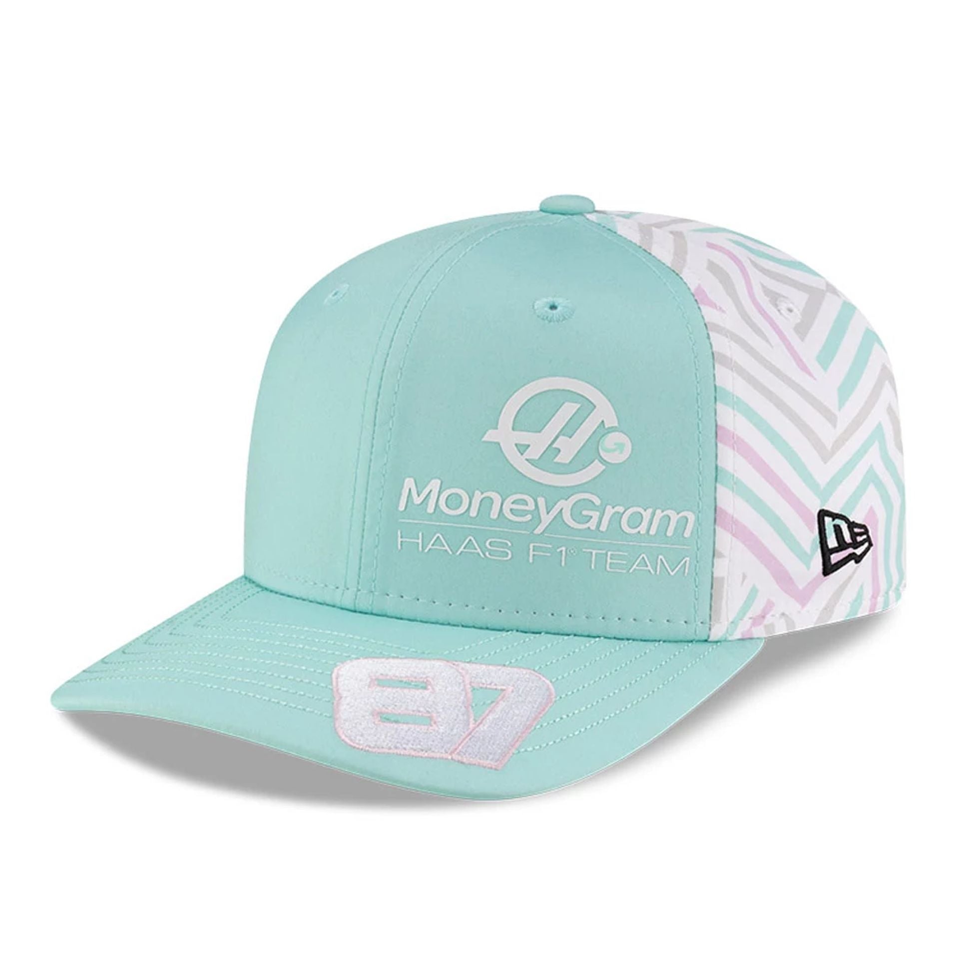 This is a MoneyGram Haas F1 Oliver Bearman Miami Race Special Turquoise 9SEVENTY Stretch Snap Adjustable Cap 3