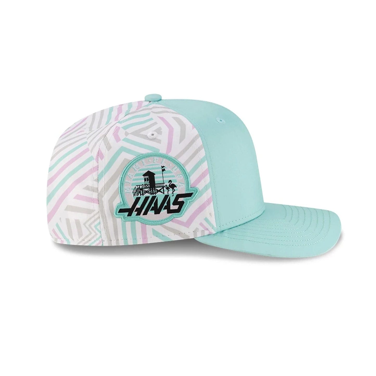 This is a MoneyGram Haas F1 Oliver Bearman Miami Race Special Turquoise 9SEVENTY Stretch Snap Adjustable Cap 4