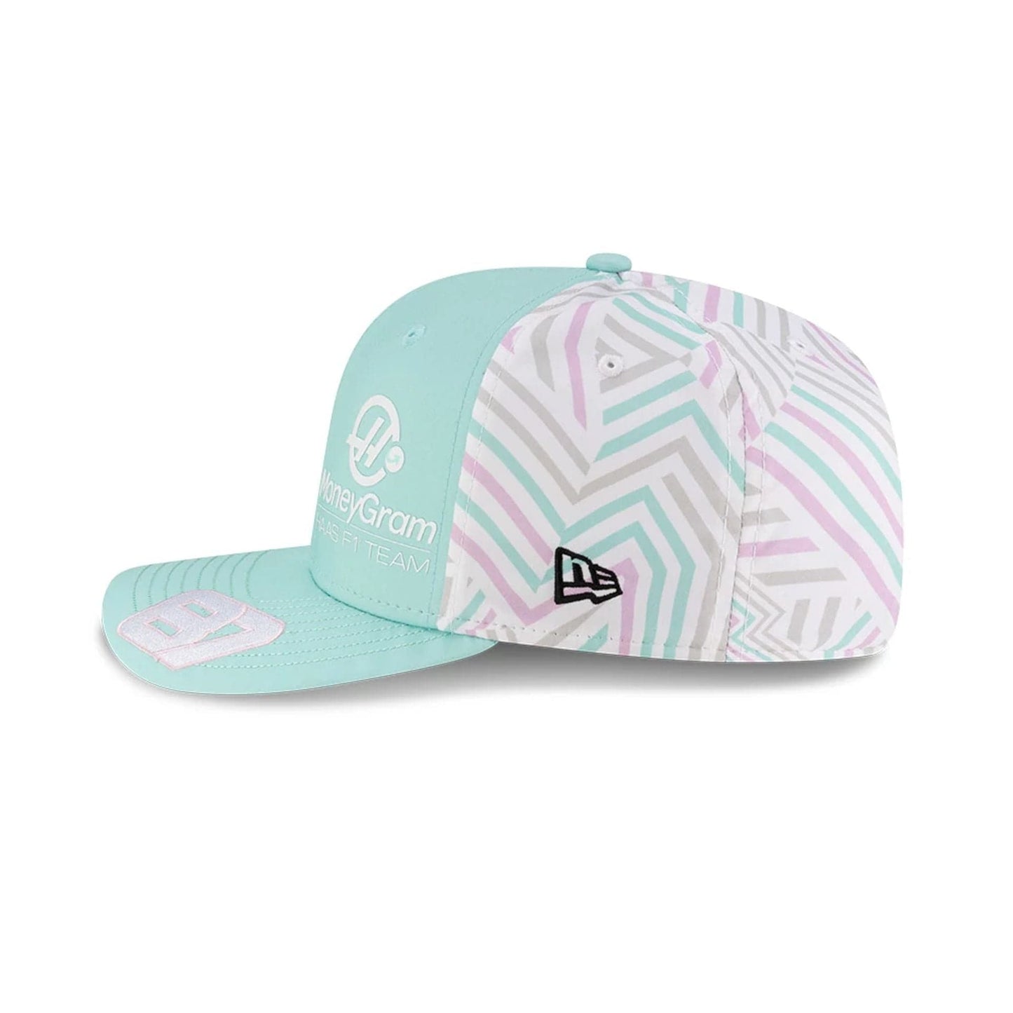 This is a MoneyGram Haas F1 Oliver Bearman Miami Race Special Turquoise 9SEVENTY Stretch Snap Adjustable Cap 5