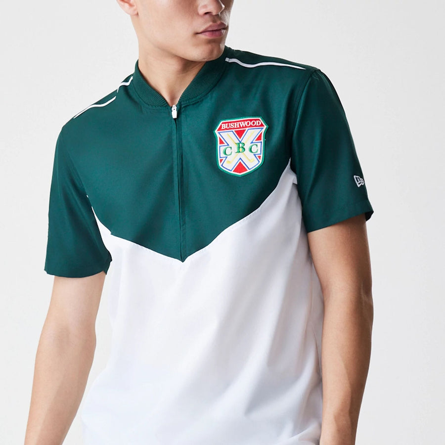 The Male model is wearing Caddyshack BushWood White 1/4 Zip Polo T-Shirt 3