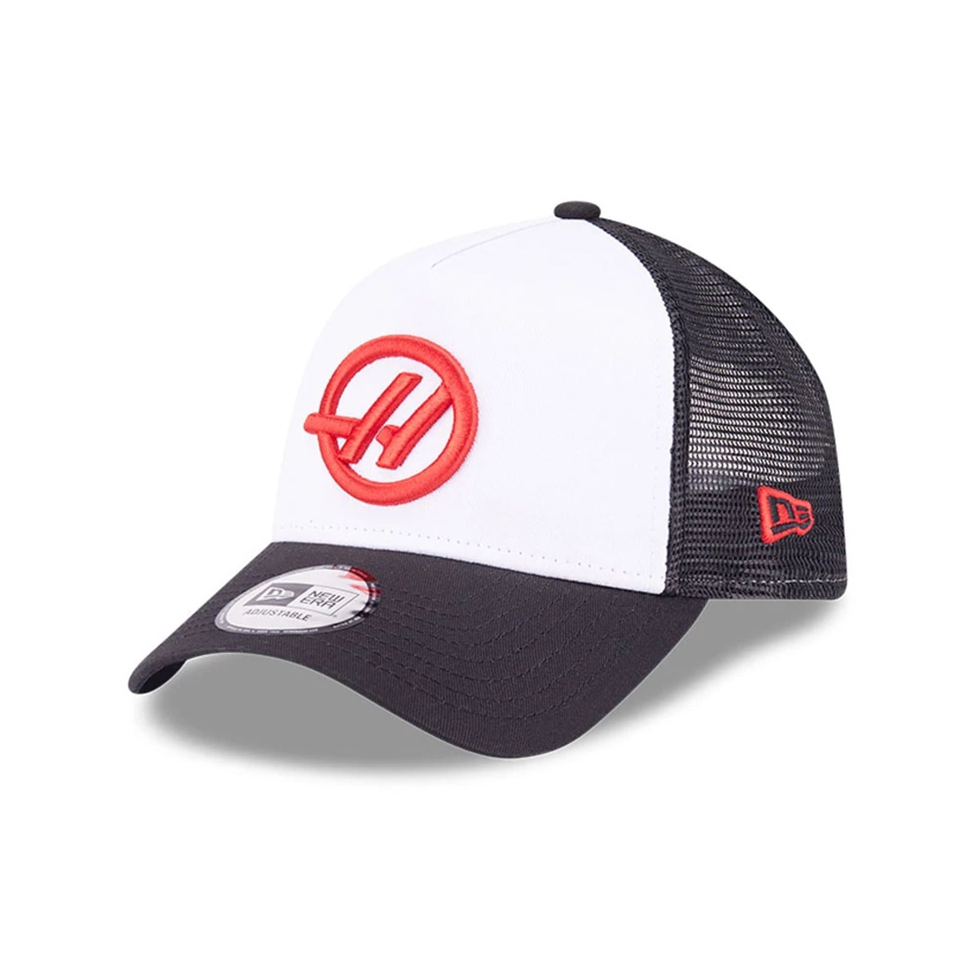 This is a MoneyGram  Haas F1 Black 9FORTY E-Frame Trucker Adjustable Cap 1