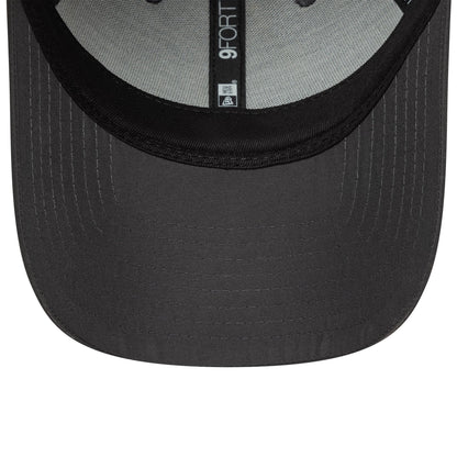 New York Yankees MLB Flawless Dark Grey New Era 9FORTY Adjustable Cap, inside view showing grey taping with a 9FORTY size sticker on the underside of the dark grey visor and black sweatband.