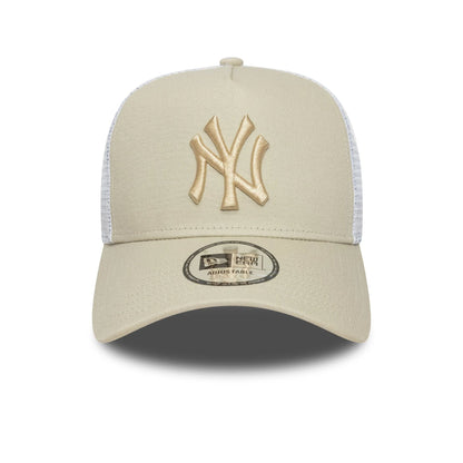 This is a New York Yankees MLB League Essential Light Beige 9FORTY E-Frame Trucker Adjustable Cap 2