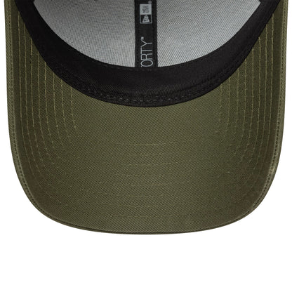 New York Yankees MLB Outline Dark Green New Era 9FORTY Adjustable Cap, inside view showing the black sweatband, grey taping, and 9FORTY size sticker on the underside of the dark green visor.