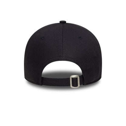 New York Yankees MLB Mini Logo Navy New Era 9TWENTY Adjustable Cap, rear view showing the metal buckle on the navy adjustable strap and top button on the unstructured crown, with clean panel seams.