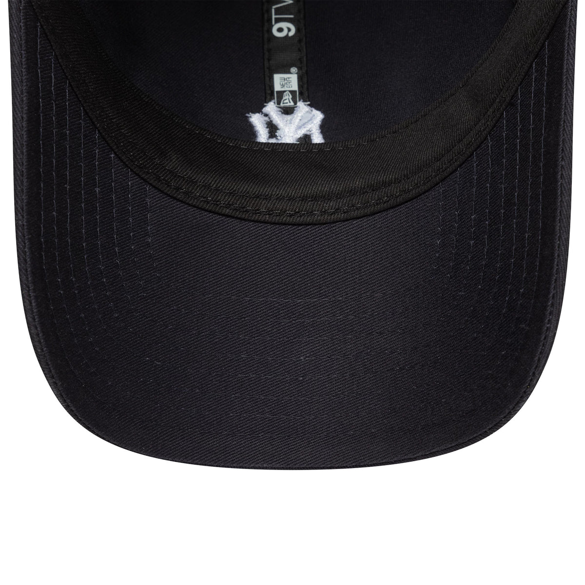 New York Yankees MLB Mini Logo Navy New Era 9TWENTY Adjustable Cap, inside view showing the embroidered white Yankees logo on the black undervisor and the black sweatband with the size label attached.