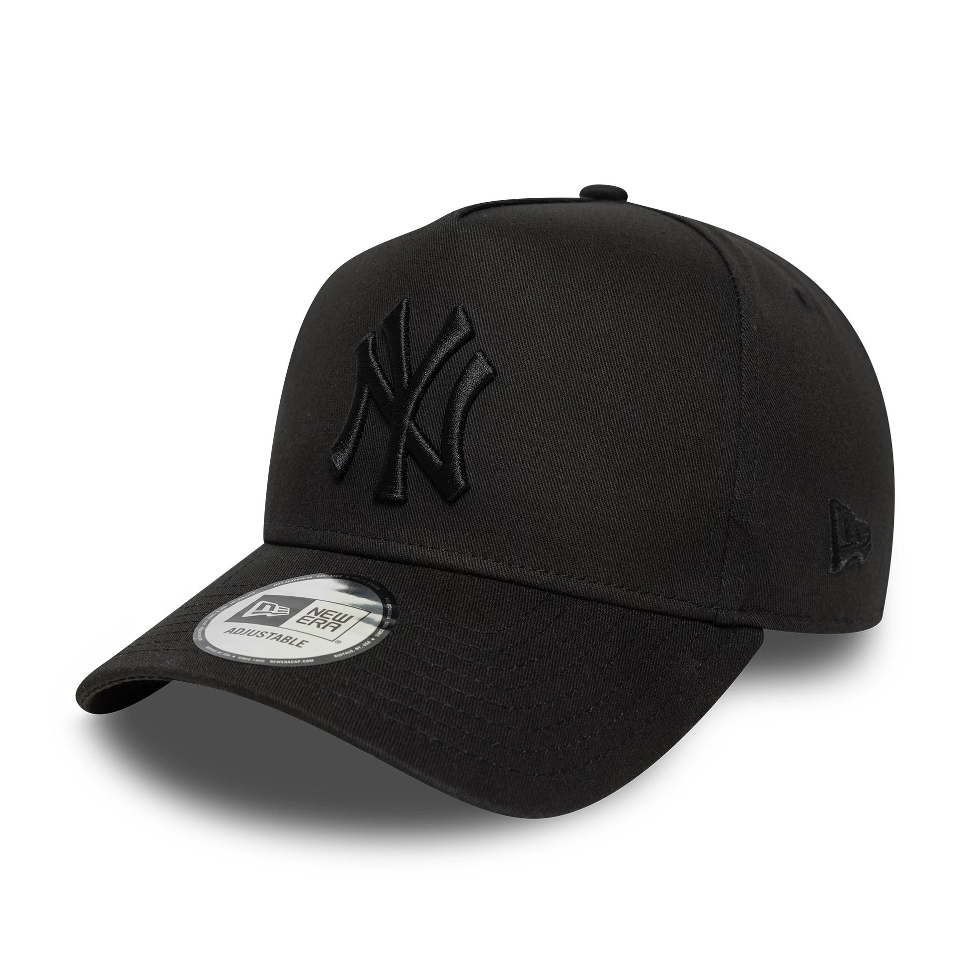 This is a New York Yankees MLB League Essential Black on Black 9FORTY E-Frame Adjustable Cap 1