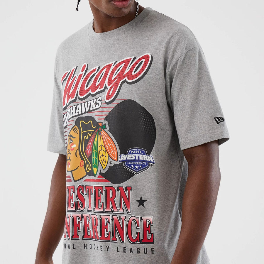 The Male model is wearing Chicago Blackhawks NHL Sport Classic Grey T-Shirt 4