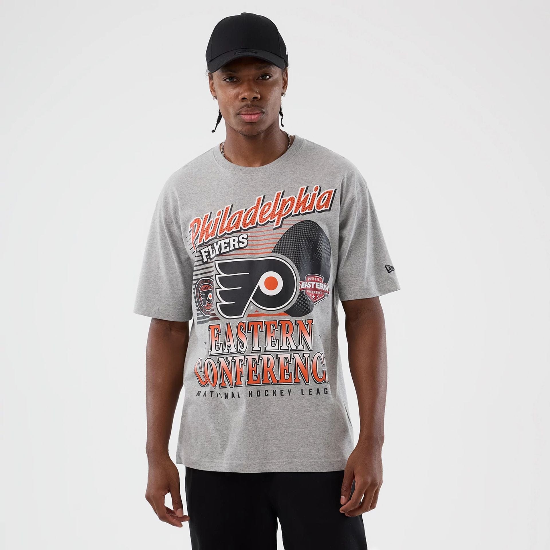 The Male model is wearing Philadelphia Flyers NHL Sport Classic Grey T-Shirt 1