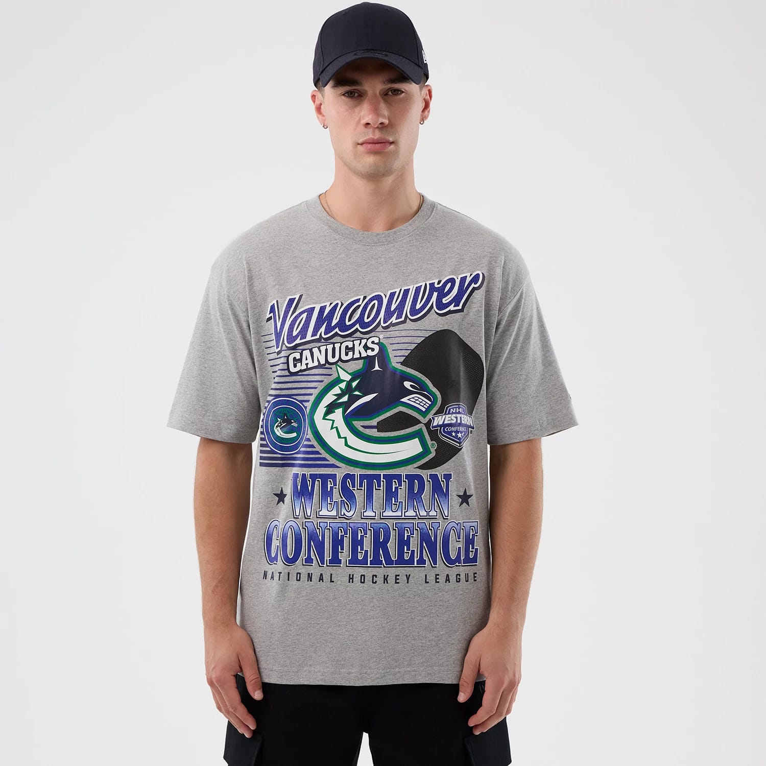 The Male model is wearing Vancouver Canucks NHL Sport Classic Grey T-Shirt 1