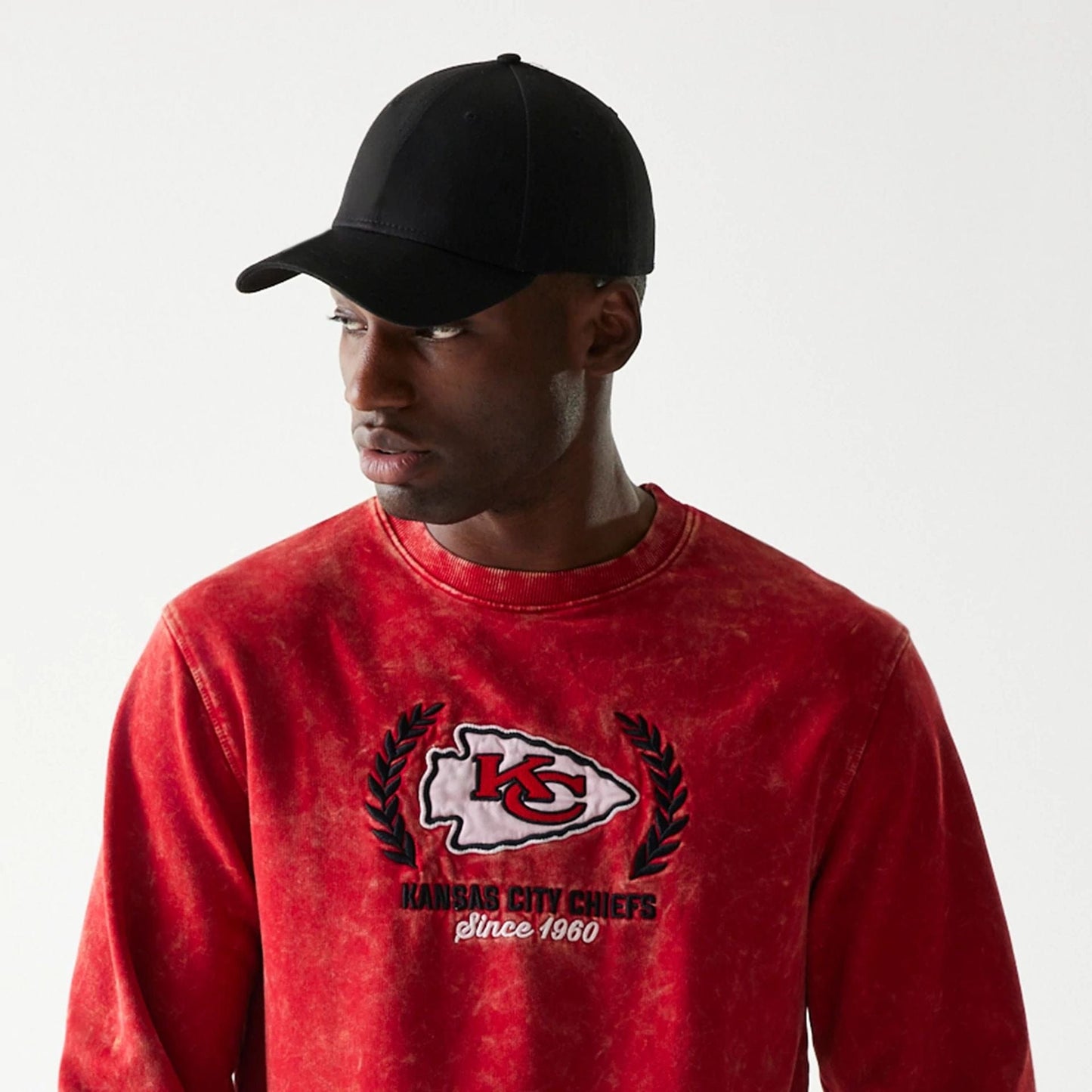 The Male model is wearing Kansas City Chiefs NFL Throwback Red Crew Neck Sweater 4