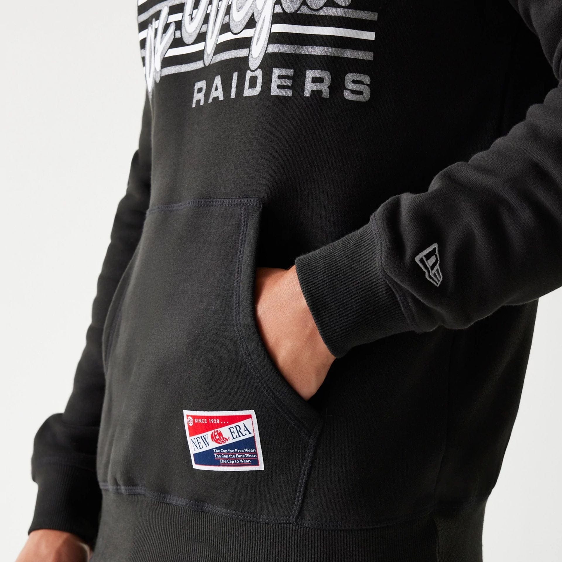 The Male model is wearing Las Vegas Raiders NFL Throwback Black Pullover Hoodie 4